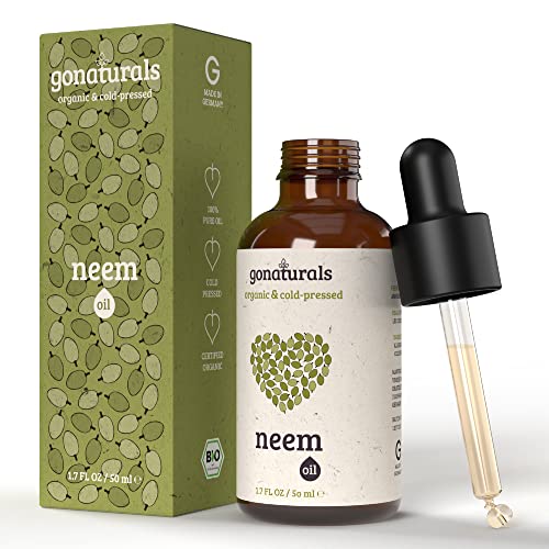 GoNaturals Aceite de Neem Bio 100% Puro - Aceite Neem para Cabello, Cara y Cuerpo - Organic Neem Oil, Efecto Anticaspa y Antiacne - Repelente Natural de Piojos y Mosquitos - Aceite Arbol Neem, 50 ml