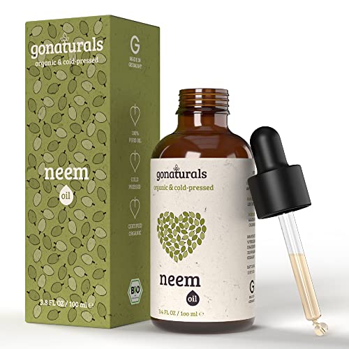 GoNaturals Aceite de Neem Bio 100% Puro - Aceite Neem para Cabello, Cara y Cuerpo - Organic Neem Oil, Efecto Anticaspa y Antiacne - Repelente Natural de Piojos y Mosquitos - Aceite Arbol Neem, 100ml