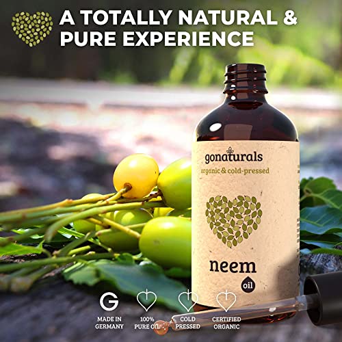 GoNaturals Aceite de Neem Bio 100% Puro - Aceite Neem para Cabello, Cara y Cuerpo - Organic Neem Oil, Efecto Anticaspa y Antiacne - Repelente Natural de Piojos y Mosquitos - Aceite Arbol Neem, 100ml