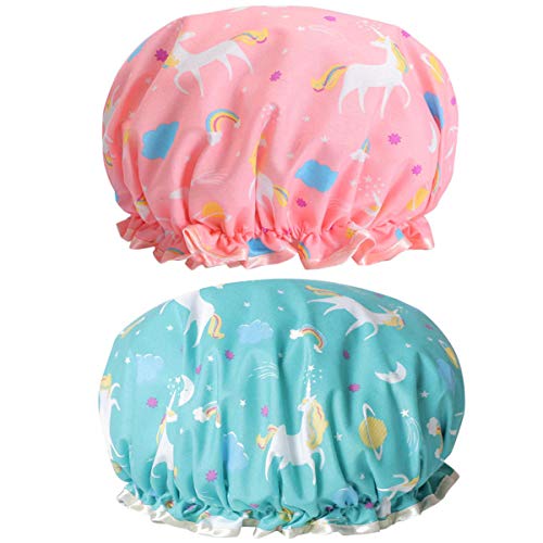 Gorros de ducha de unicornios para mujer, gorros de baño impermeables y reutilizables de doble capa para proteger el cabello, gorros de plástico EVA con goma elástica respetuosos con el medio ambiente