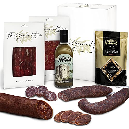 GOURMET BOX - Cesta Gourmet Regalo con Productos Ibéricos Delicatessen - Chorizo Ibérico, Picos Artesanos y Aceite de Oliva Virgen Extra - Cesta de Navidad