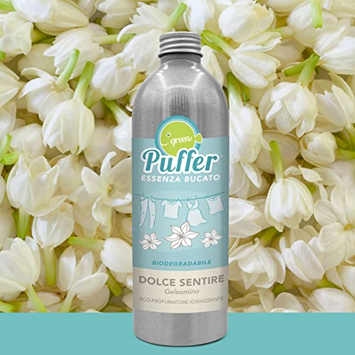 Green Puffer Esencia de ropa Dolce Sensure para la ropa y pequeños ambientes sin compuestos químicos. Eco-ambientador desinfectante y elimina olores. Perfume jazmín 500 ml. Fabricado en Italia