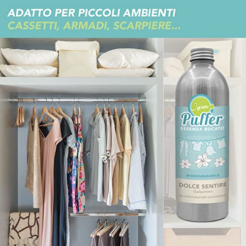 Green Puffer Esencia de ropa Dolce Sensure para la ropa y pequeños ambientes sin compuestos químicos. Eco-ambientador desinfectante y elimina olores. Perfume jazmín 500 ml. Fabricado en Italia