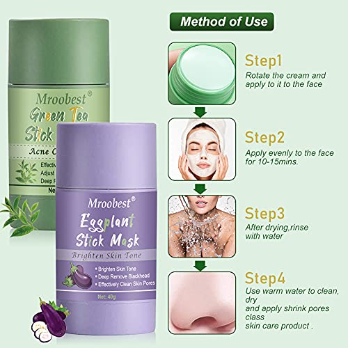 Green Stick Mask, Green Tea Cleansing Mask, Mascarilla Limpiadora Facial, Mascarilla Purificadora de Té Verde y Berenjena para limpieza del acné, eliminación profunda de puntos negros (2 Sticks)