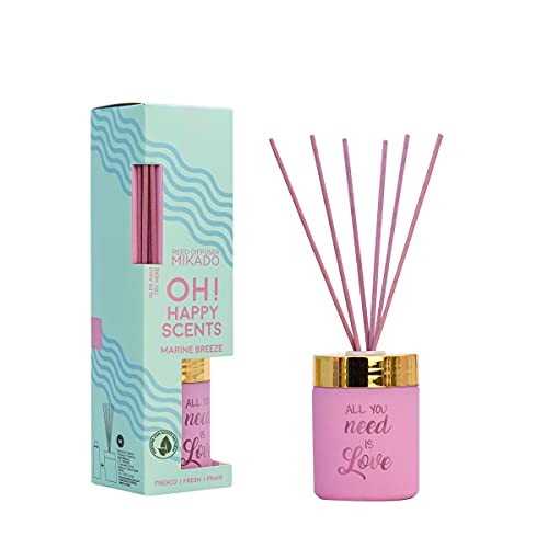 H HANSEL HOME Set Surtido 4 Ambientadores Marine Breeze,Almond Blossom,Tropical Summer, Pinky Cloud, Hogar Mikado Ambientador Mensajes OH Happy SCENTS 4 x 100ml