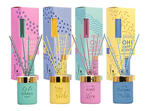 H HANSEL HOME Set Surtido 4 Ambientadores Marine Breeze,Almond Blossom,Tropical Summer, Pinky Cloud, Hogar Mikado Ambientador Mensajes OH Happy SCENTS 4 x 100ml