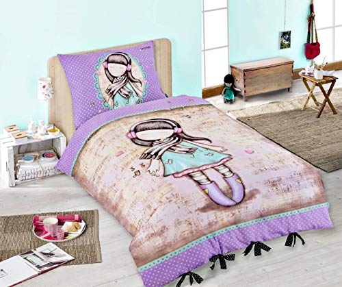 Halantex Santoro Gorjuss - Juego de cama (funda nórdica: 140 x 200 cm, funda de almohada: 70 x 90 cm, 100% algodón), color morado y beige