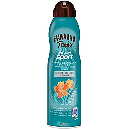 Hawaiian Tropic Island Sport SPF 15 - Bruma Solar Deportiva en Spray de Vaporización Continua de Protección Media, Textura Ultraligera para el Deporte, 220 ml