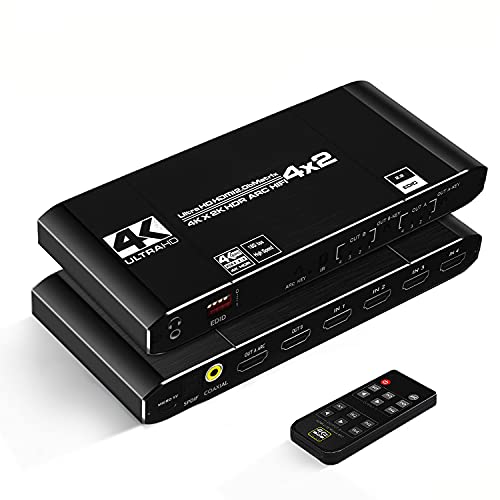 HDMI Switch 4K @ 60Hz,KuWFi Conmutador de HDMI Matrix 4 en 2 salidas HDMI Matriz 4x2 SPDIF 5.1CH & Salida óptica & L/R 3.5 mm Soporte ARC HDCP2.2,HDMI2.0b,4K HDR Auto EDID, Mando a distancia IR