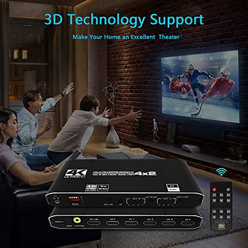 HDMI Switch 4K @ 60Hz,KuWFi Conmutador de HDMI Matrix 4 en 2 salidas HDMI Matriz 4x2 SPDIF 5.1CH & Salida óptica & L/R 3.5 mm Soporte ARC HDCP2.2,HDMI2.0b,4K HDR Auto EDID, Mando a distancia IR