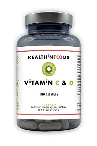 Healthinfoods | Vitamina C y D | 1200 mg de Vitamina C y 1500 U.I. de Vitamina C | Altamente Concentrada | Refuerza el Sistema Inmune y Fortalece tus Defensas | 180 Cápsulas Veganas