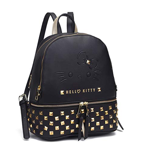 Hello Kitty Black - Bolso Mochila Rock, Color Negro con Tachuelas Doradas, 3 Compartimentos con Cremalleras, Tirantes Traseros Ajustables, Resistente y Duradero, Dim 30 x 25 x 11 cm