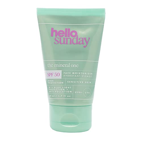 hello sunday | crema hidratante facial con color para pieles sensibles o con tendencia al acné, fórmula mineral, con ácido hialurónico, SPF 50