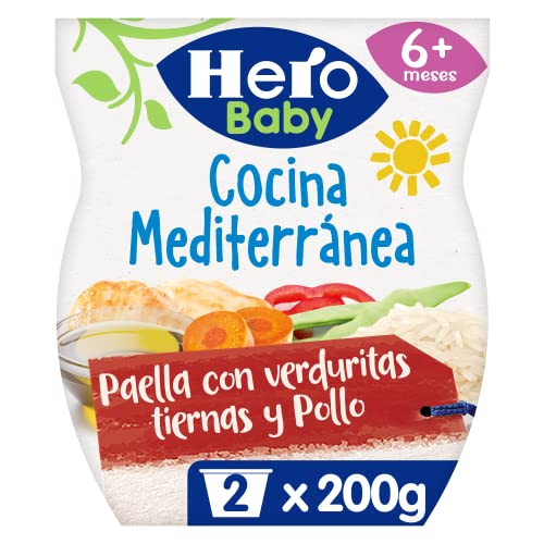 Hero Baby Cocina Mediterránea Tarrinas de Paella de Verduras Tiernas con Pollo - Para niños a partir de 6 meses - 6 Packs de 2x200gr