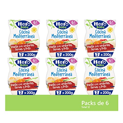 Hero Baby Cocina Mediterránea Tarrinas de Paella de Verduras Tiernas con Pollo - Para niños a partir de 6 meses - 6 Packs de 2x200gr