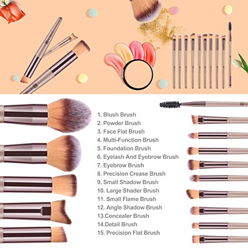 HEYMKGO brochas de maquillaje profesional de color champán, 15 unidades pinceles maquillaje + 1 con bolsa de cosméticos de piel sintética brochas maquillaje