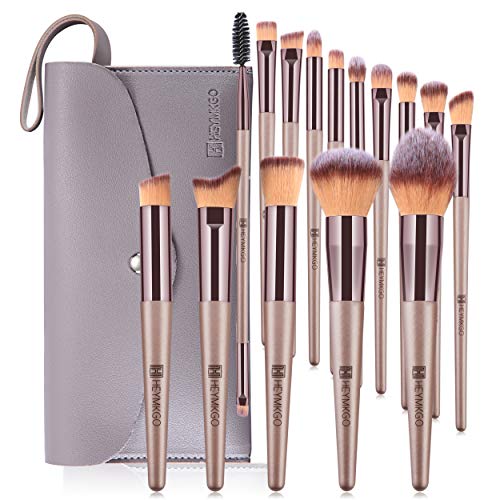 HEYMKGO brochas de maquillaje profesional de color champán, 15 unidades pinceles maquillaje + 1 con bolsa de cosméticos de piel sintética brochas maquillaje