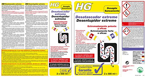 HG Desatascador extreme de Tuberías, Fórmula Extremadamente Potente para Cocina y Baño, Desatasca y Limpia Eficazmente Tuberías y Desagües Atascados (2 x 500 ml) - 343100109