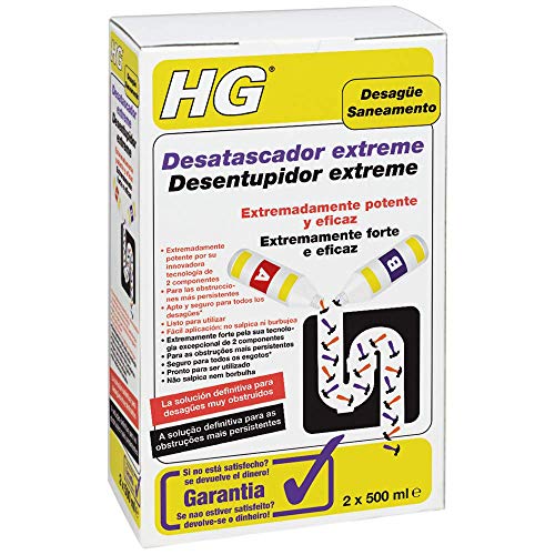 HG Desatascador extreme de Tuberías, Fórmula Extremadamente Potente para Cocina y Baño, Desatasca y Limpia Eficazmente Tuberías y Desagües Atascados (2 x 500 ml) - 343100109