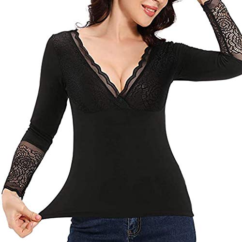 hhh Tops Cálidos Invierno Mujer Ropa Interior Térmica, Forro Polar Térmico Mujer Ropa Interior Manga Larga Cuello Pico Camisa Encaje Sexy-Negro M