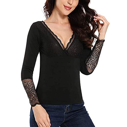 hhh Tops Cálidos Invierno Mujer Ropa Interior Térmica, Forro Polar Térmico Mujer Ropa Interior Manga Larga Cuello Pico Camisa Encaje Sexy-Negro M