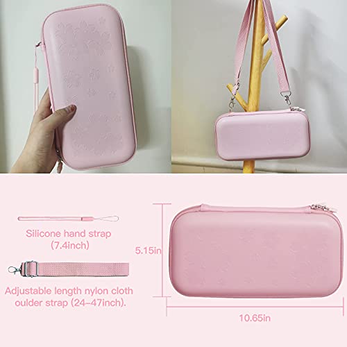 HLRAO Juego de Accesorios de Viaje Rosa Bolsa de Transporte Compatible con Nintendo Switch,con Cubierta Protectora Dura, Soporte Ajustable, Protector de Pantalla de Vidrio HD y Agarre para el Pulgar.