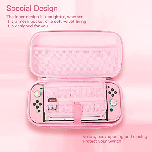 HLRAO Juego de Accesorios de Viaje Rosa Bolsa de Transporte Compatible con Nintendo Switch,con Cubierta Protectora Dura, Soporte Ajustable, Protector de Pantalla de Vidrio HD y Agarre para el Pulgar.