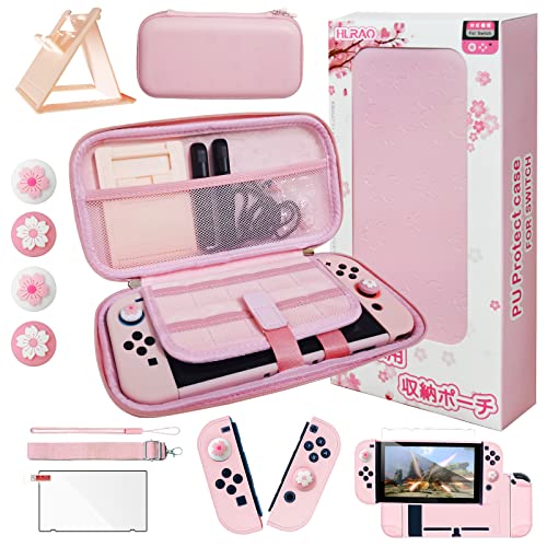 HLRAO Juego de Accesorios de Viaje Rosa Bolsa de Transporte Compatible con Nintendo Switch,con Cubierta Protectora Dura, Soporte Ajustable, Protector de Pantalla de Vidrio HD y Agarre para el Pulgar.