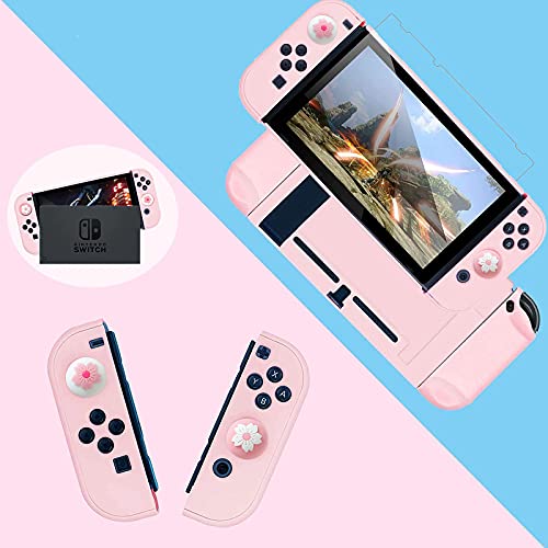 HLRAO Juego de Accesorios de Viaje Rosa Bolsa de Transporte Compatible con Nintendo Switch,con Cubierta Protectora Dura, Soporte Ajustable, Protector de Pantalla de Vidrio HD y Agarre para el Pulgar.