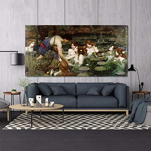 HNZKly William Waterhouse《Hylas Y Las Ninfas》Pared Arte Impresiones CláSico MitologíA PóSter NenúFar Estanque Cuadro Famosos Lienzo Pinturas Sala Decoracion 60x100cm Sin Marco