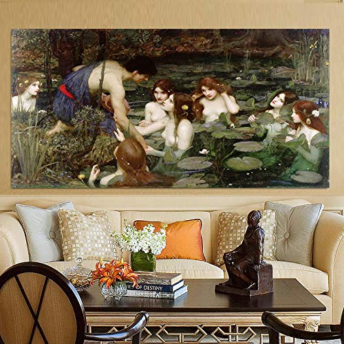 HNZKly William Waterhouse《Hylas Y Las Ninfas》Pared Arte Impresiones CláSico MitologíA PóSter NenúFar Estanque Cuadro Famosos Lienzo Pinturas Sala Decoracion 60x100cm Sin Marco