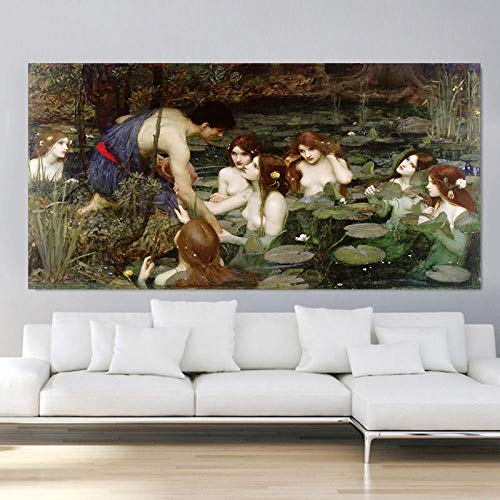 HNZKly William Waterhouse《Hylas Y Las Ninfas》Pared Arte Impresiones CláSico MitologíA PóSter NenúFar Estanque Cuadro Famosos Lienzo Pinturas Sala Decoracion 60x100cm Sin Marco