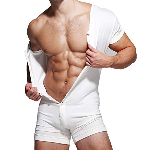 Hombres de Manga Corta Onesie Henley para Hombre Ramper de algodón elástico súper cómodo Blanco M