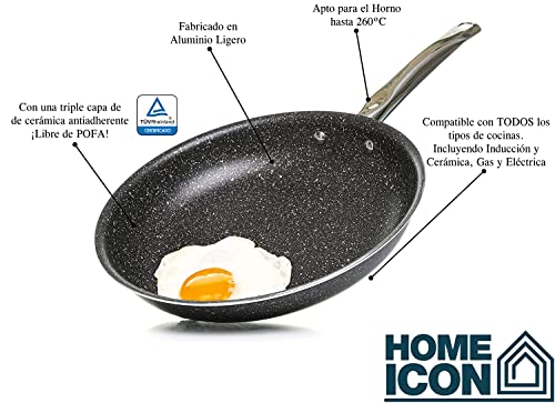 Home Icon - Sartén de Granito Antiadherente con Triple Revestimiento, Compatible con Todo Tipo de Placas, Inducción y Cerámicas, Apta para Horno - 26 cm