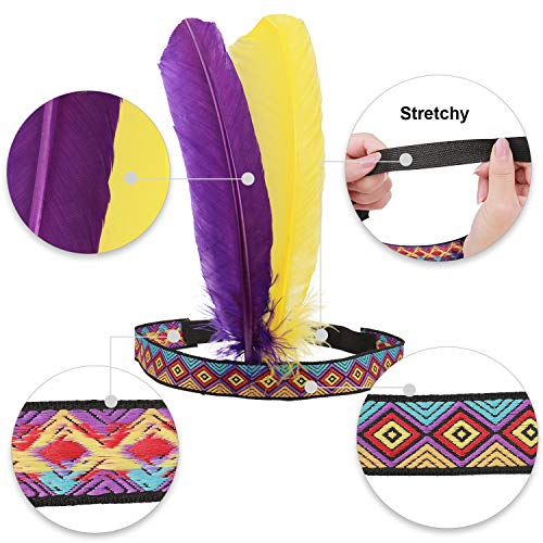 HOWAF 3 Piezas Diadema India Tocado Cinta de Cabeza con Plumas Disfraz Accesorios para Mujeres niñas Hombres, Multicolor, Tamaño único