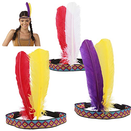 HOWAF 3 Piezas Diadema India Tocado Cinta de Cabeza con Plumas Disfraz Accesorios para Mujeres niñas Hombres, Multicolor, Tamaño único