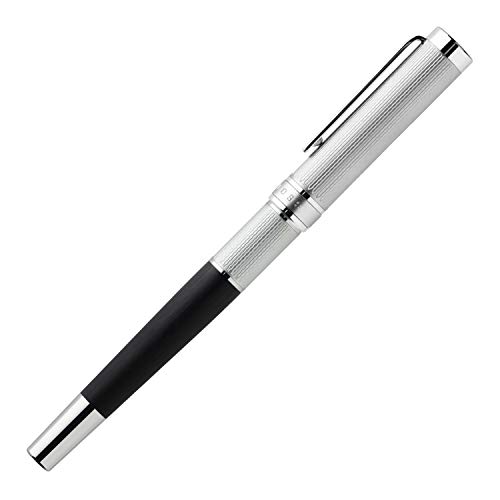 Hugo Boss: Pluma estilográfica Dual Cromo-Black. Bolígrafo con superficie grabada metálica, con inserción moderna de aluminio cepillado y anillo mate con garra Hugo Boss.