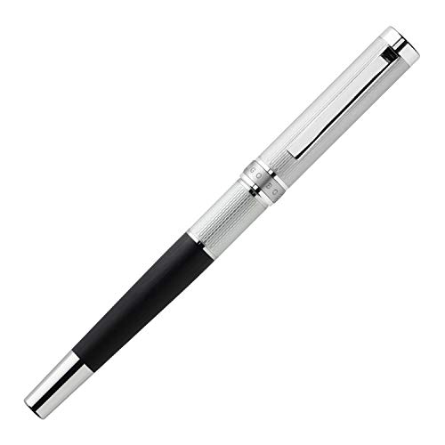 Hugo Boss: Pluma estilográfica Dual Cromo-Black. Bolígrafo con superficie grabada metálica, con inserción moderna de aluminio cepillado y anillo mate con garra Hugo Boss.