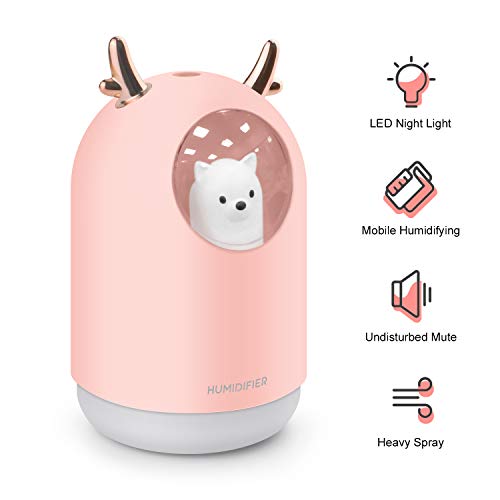 Humidificador Mini - Ultrasónico Humidificador de Niebla de 300ML Difusor de USB, Portátil Humidificadores Silencioso con Luces LED, Función de Luz Nocturna para el Hogar, Dormitorio, Oficina(Rosado)