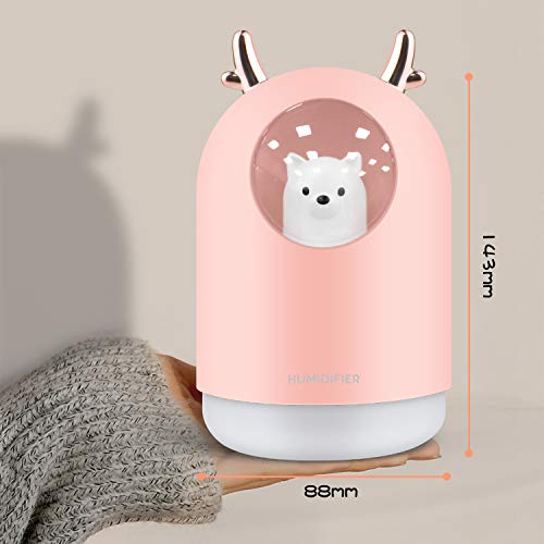 Humidificador Mini - Ultrasónico Humidificador de Niebla de 300ML Difusor de USB, Portátil Humidificadores Silencioso con Luces LED, Función de Luz Nocturna para el Hogar, Dormitorio, Oficina(Rosado)