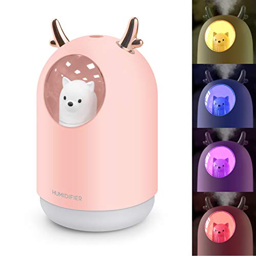 Humidificador Mini - Ultrasónico Humidificador de Niebla de 300ML Difusor de USB, Portátil Humidificadores Silencioso con Luces LED, Función de Luz Nocturna para el Hogar, Dormitorio, Oficina(Rosado)