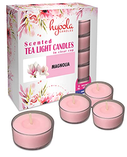 Hyoola Velas de Té Perfumadas - Velas Candelitas en Vaso Transparente - Velas Aromáticas con Aroma a Magnolia - Rosa Claro - 6 Horas de Combustión - Pack de 15 - Hechas en Europa