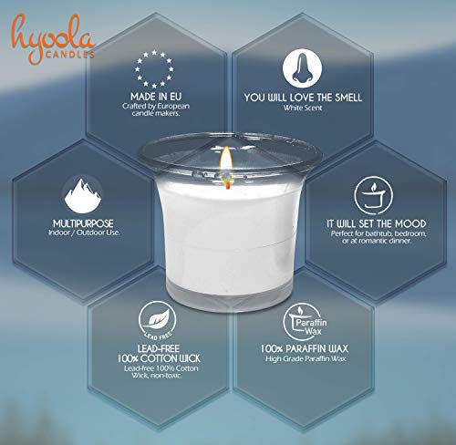 Hyoola Velas Votivas con Perfume – Velas Aromáticas en Vaso Transparente – Velas Perfumadas de Color Blanco – 12 Horas de Combustión – Pack de 4 – Hechas en Europa