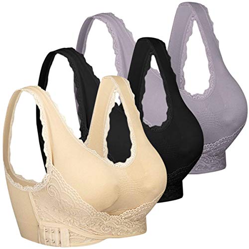 iClosam Sujetador Deportivo Encaje Mujer（1/2/3pack） Sujetadores Ajustable con Hebilla Frontal Bra Deporte Sin Costuras para Yoga/Fitness/Ejercicio/Uso de Diaria