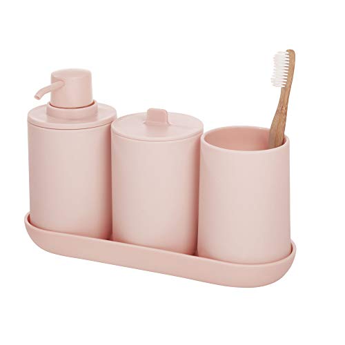 iDesign Algodonero con tapa, bote con tapa redondo y de plástico para guardar cosméticos y maquillaje, accesorios de baño para bastoncillos y discos de algodón, rosa