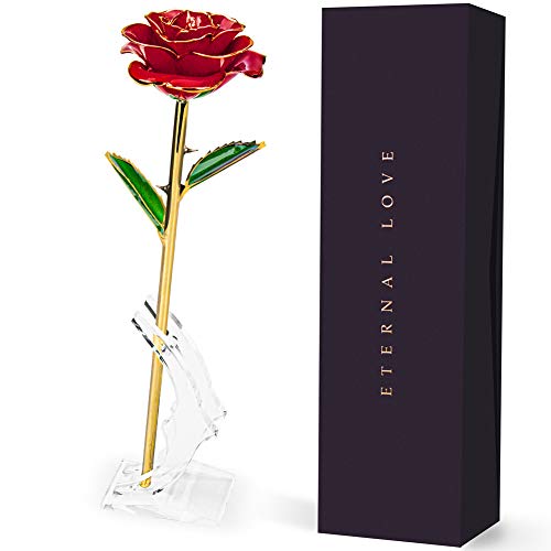 iNeego Rosa Eterna, Rosa 24K Chapadas Oro Regalo para Madres Rosa Eterna Flore, Madre Cumpleaños Regalo Rosa con Base Soporte Transparente Caja de Regalo para, Día de Madre, Novia, Esposa, Aniversario