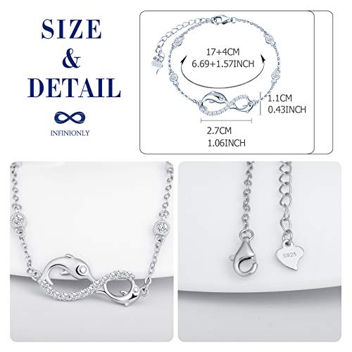 INFINIONLY Pulsera para mujer, juegos de joyas de plata esterlina 925, pulsera símbolo de infinito y delfín lindo, incrustación de zirconia, plata, Regalos de cumpleaños y Navidad