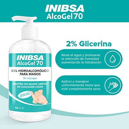 Inibsa Alcogel 70 Gel Hidroalcóholico Manos, Sin Enjuagar, No Pegajoso, Contiene Glicerina que Hidrata la Piel - Gel de Manos para Una Limpieza Profunda, Azul, 500 Mililitros