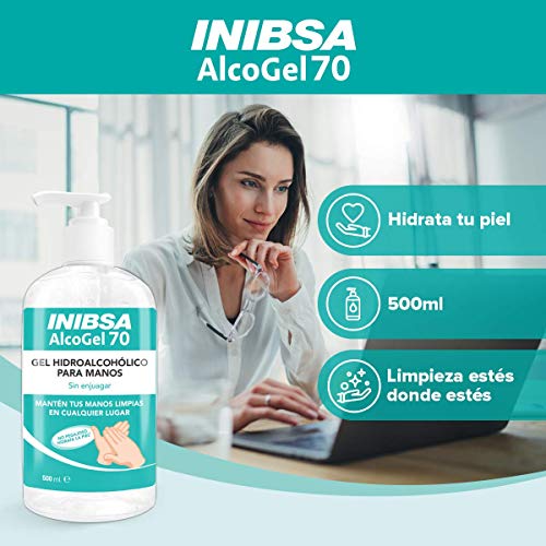 Inibsa Alcogel 70 Gel Hidroalcóholico Manos, Sin Enjuagar, No Pegajoso, Contiene Glicerina que Hidrata la Piel - Gel de Manos para Una Limpieza Profunda, Azul, 500 Mililitros