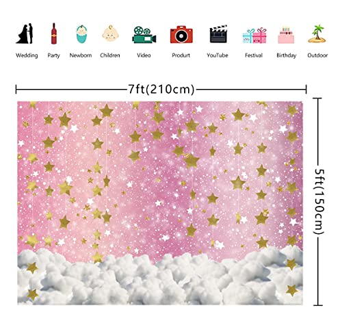 INRUI Fondo de fotografía de cielo estrellado rosa y nube blanca para colgar estrellas doradas Twinkle Twinkle Little Star Girl Baby Shower fiesta de cumpleaños telón de fondo 7 x 5 pies